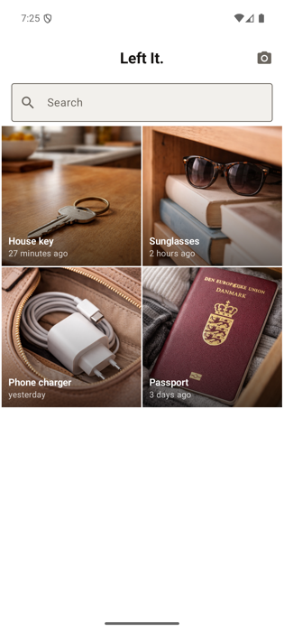 Left It. home screen showing house keys, sunglasses, phone charger, and passport